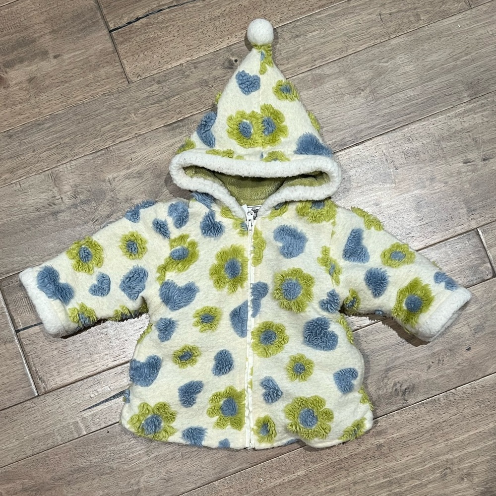 Baby toddler 18 month Widgeon jacket with gnome hood, hearts and flowers